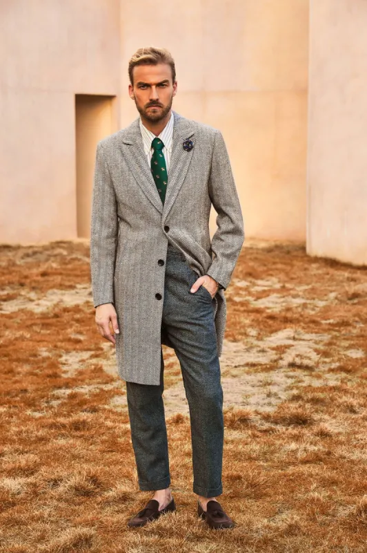 Men's Herringbone Wool Blend Long Overcoat Pea Coat with Brooch sold by Paul Jones