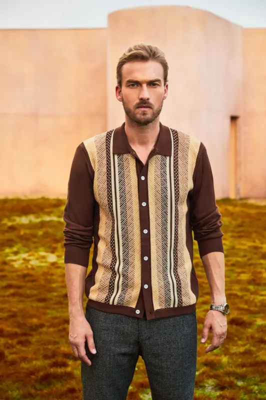 Men Contrast Color Cardigan Long Sleeve Lapel Collar Button-up Sweater sold by Paul Jones