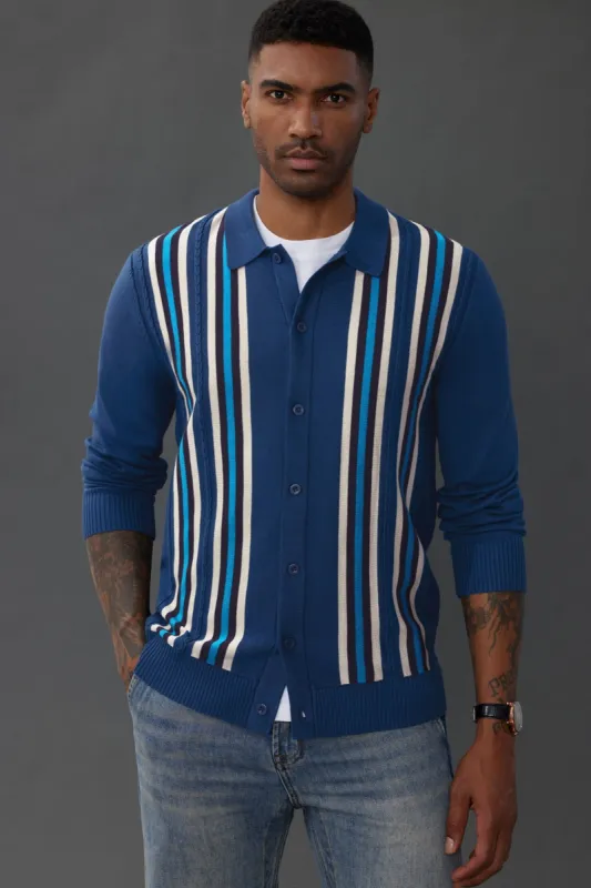 Mens Vintage Striped Knit Polo Shirt Long Sleeve Button Down Cardigan Sweater sold by Paul Jones