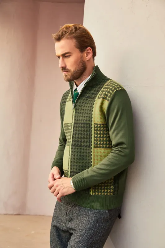 Men Quarter Zip Stand Collar Pullover Sweater Houndstooth Turtleneck sold by Paul Jones