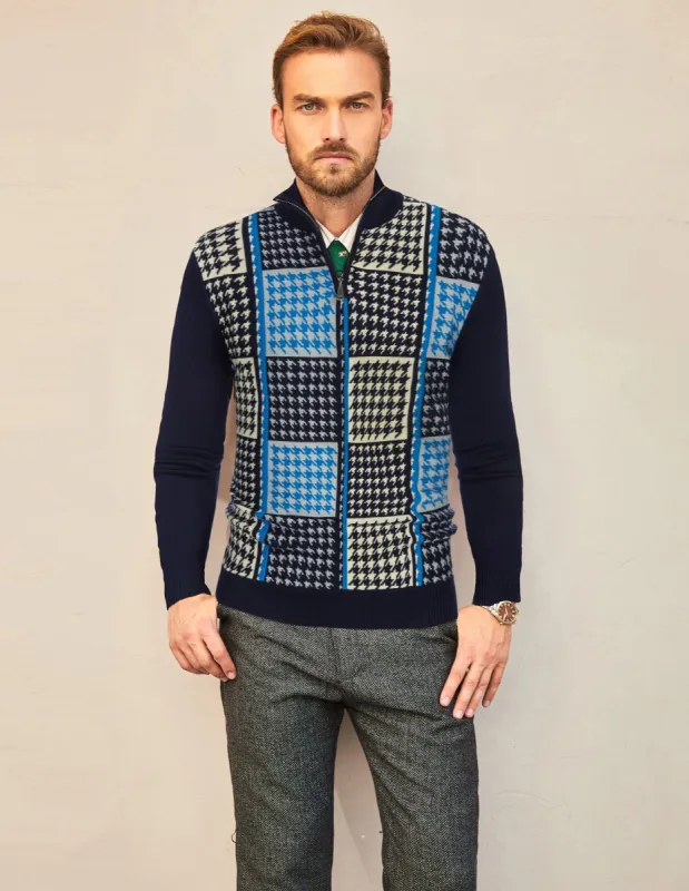 Men Quarter Zip Stand Collar Pullover Sweater Houndstooth Turtleneck sold by Paul Jones