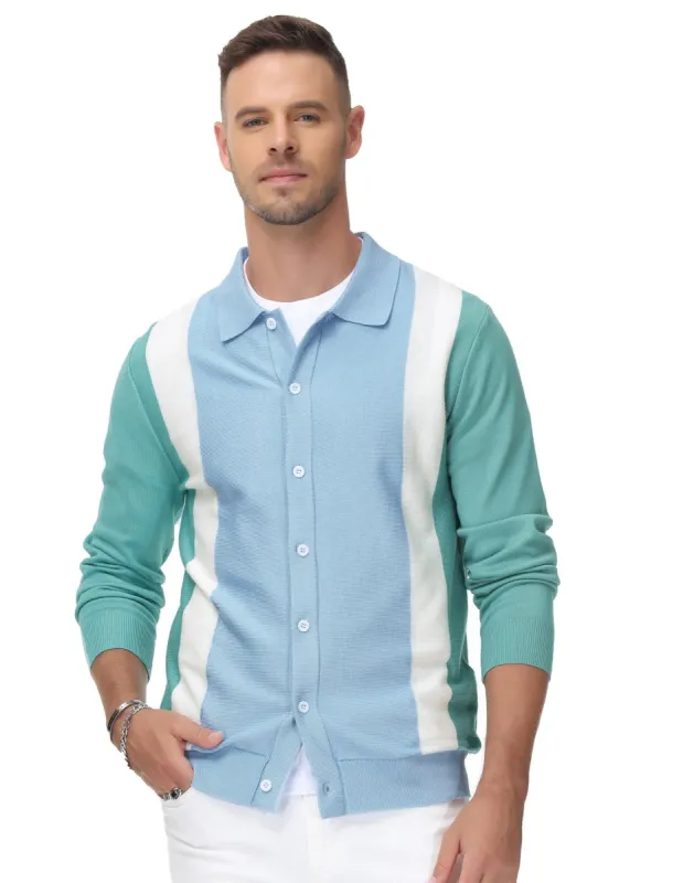 Mens Vintage Striped Knit Polo Shirt Long Sleeve Button Down Cardigan Sweater sold by Paul Jones