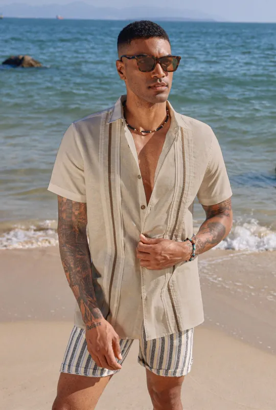 Men Pleated Front Shirt Contrast Color Short Sleeve Lapel Collar Tops sold by Paul Jones