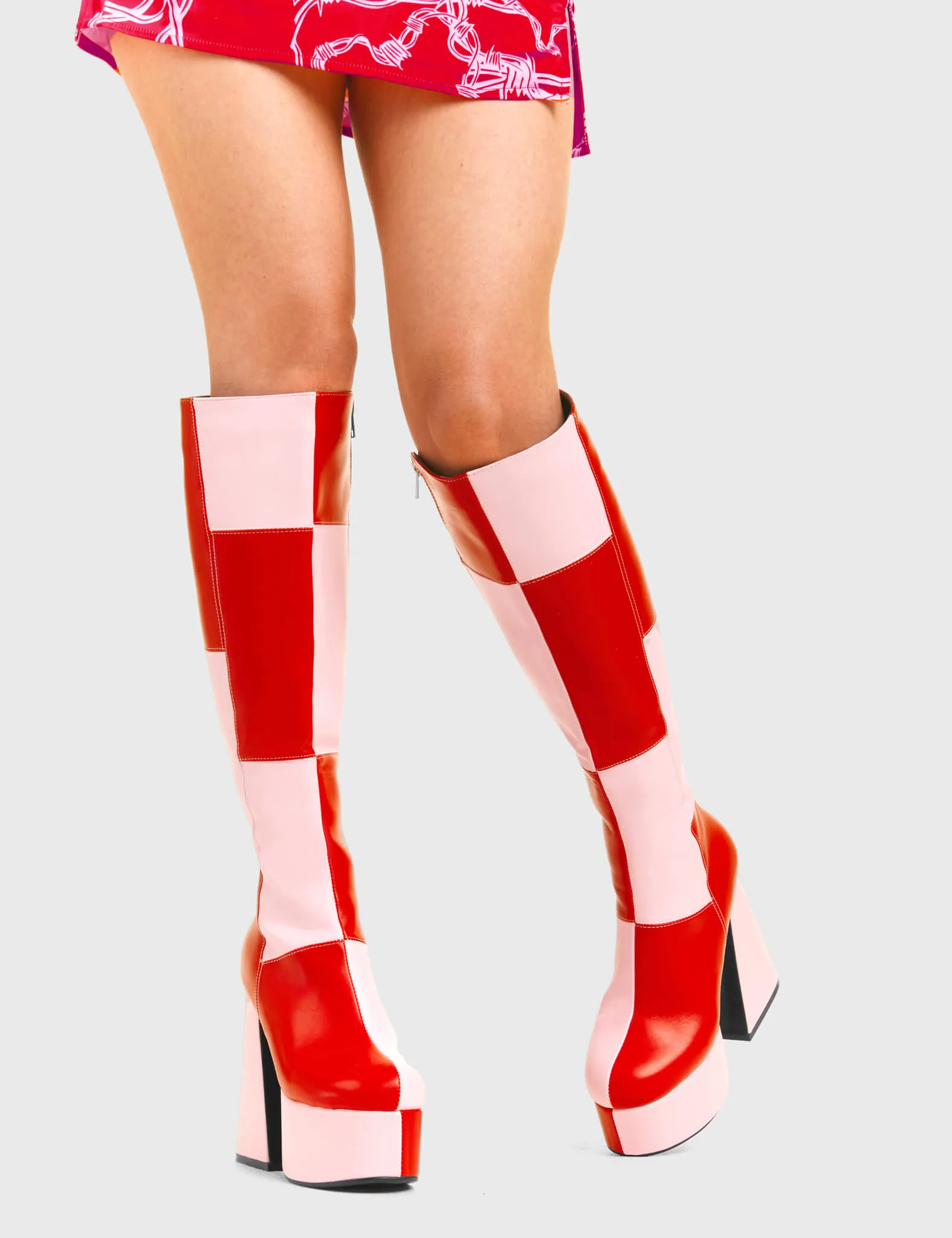 Lamoda Runway Pink RedPU Platform Knee High Boots Trendy Streetwear Fashion sold by Lamoda