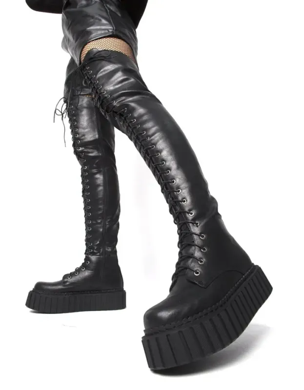 No Turnin' Back Chunky Thigh High Creeper Boots sold by Lamoda