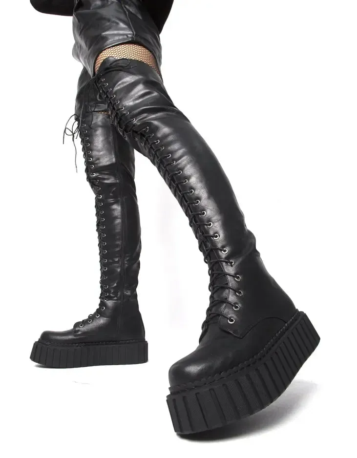 No Turnin' Back Chunky Thigh High Creeper Boots sold by Lamoda