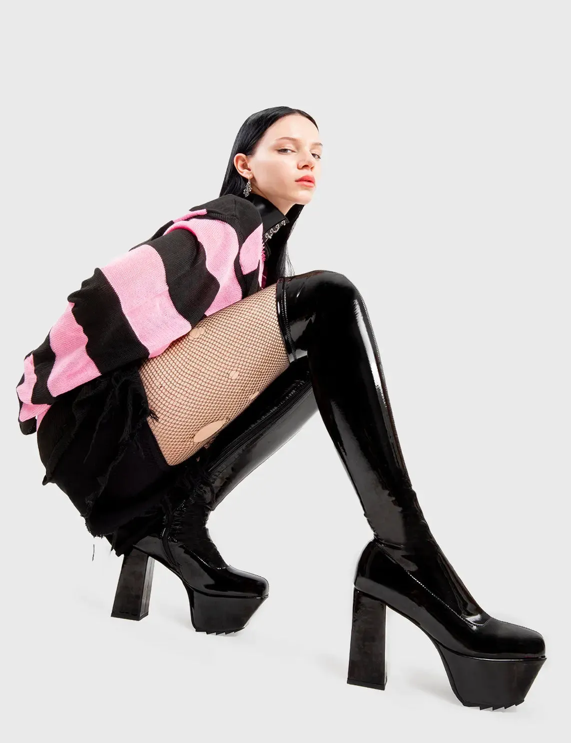 Lamoda Acquitable Black Patent Stretchy Platform Thigh High Boots Trendy Style sold by Lamoda product image thumbnail 3