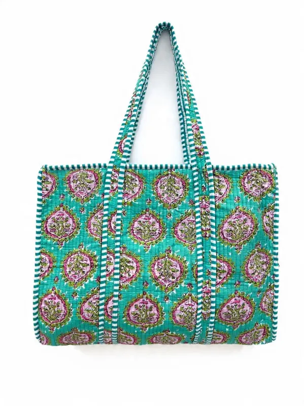 Turquoise Pink Block Print Tote made by Sarah Mulder Jewelry