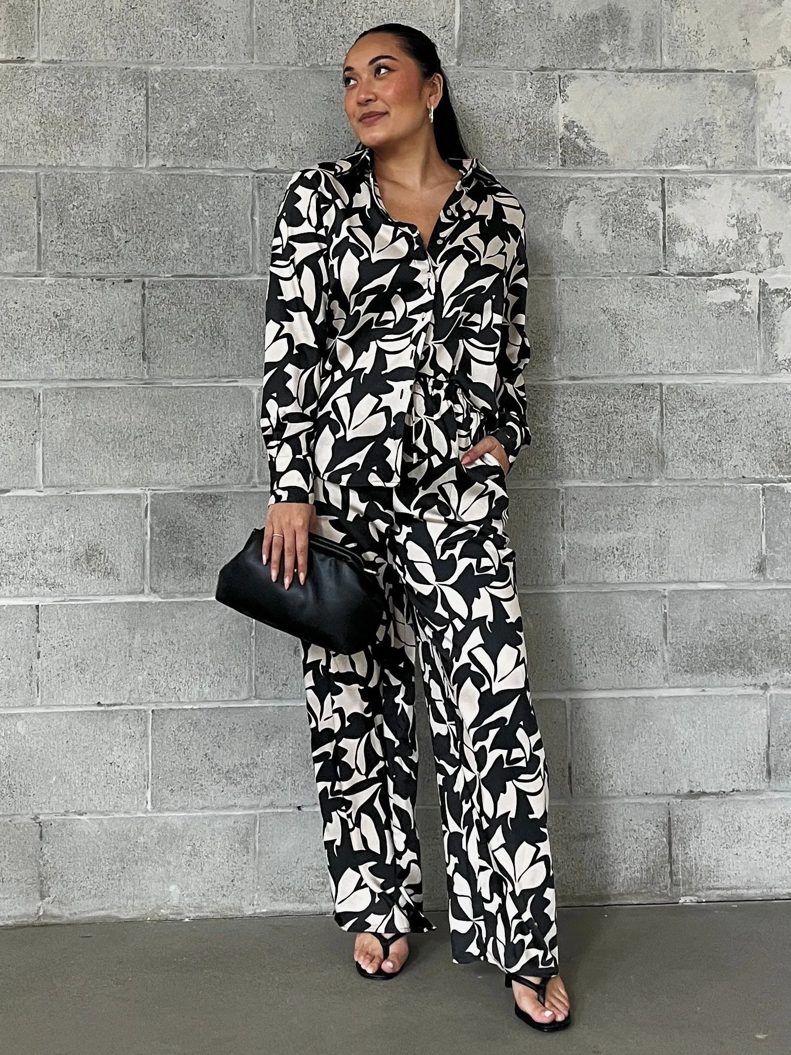 BLACK TAPE Printed Satin Button Up and Wide Leg Pant Set sold by 27 Boutique
