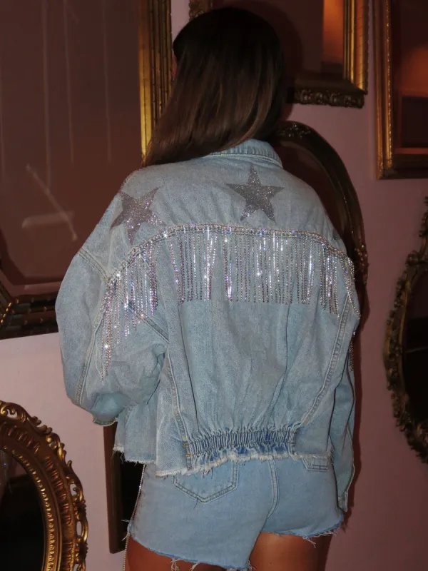 27 Rhinestone Fringe Star Denim Jacket sold by 27 Boutique