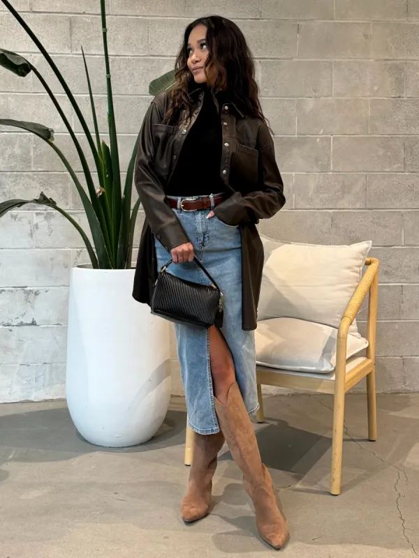RD STYLE Distressed Faux Leather Shirt Dress made by RD Style