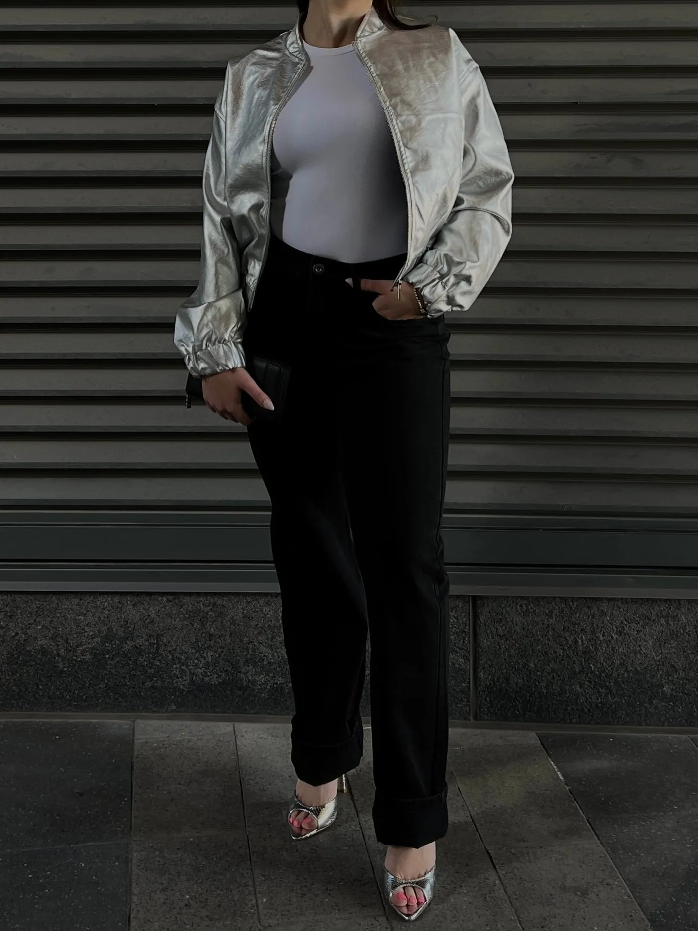 DEX Metallic Silver Bomber Jacket sold by 27 Boutique