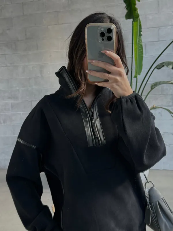 KUWALLA Fleece Leather Detail Half Zip Sweater sold by 27 Boutique