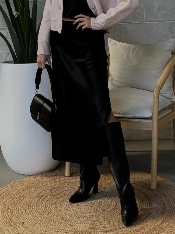 PINK MARTINI Lena Side Slit Satin Midi Skirt sold by 27 Boutique