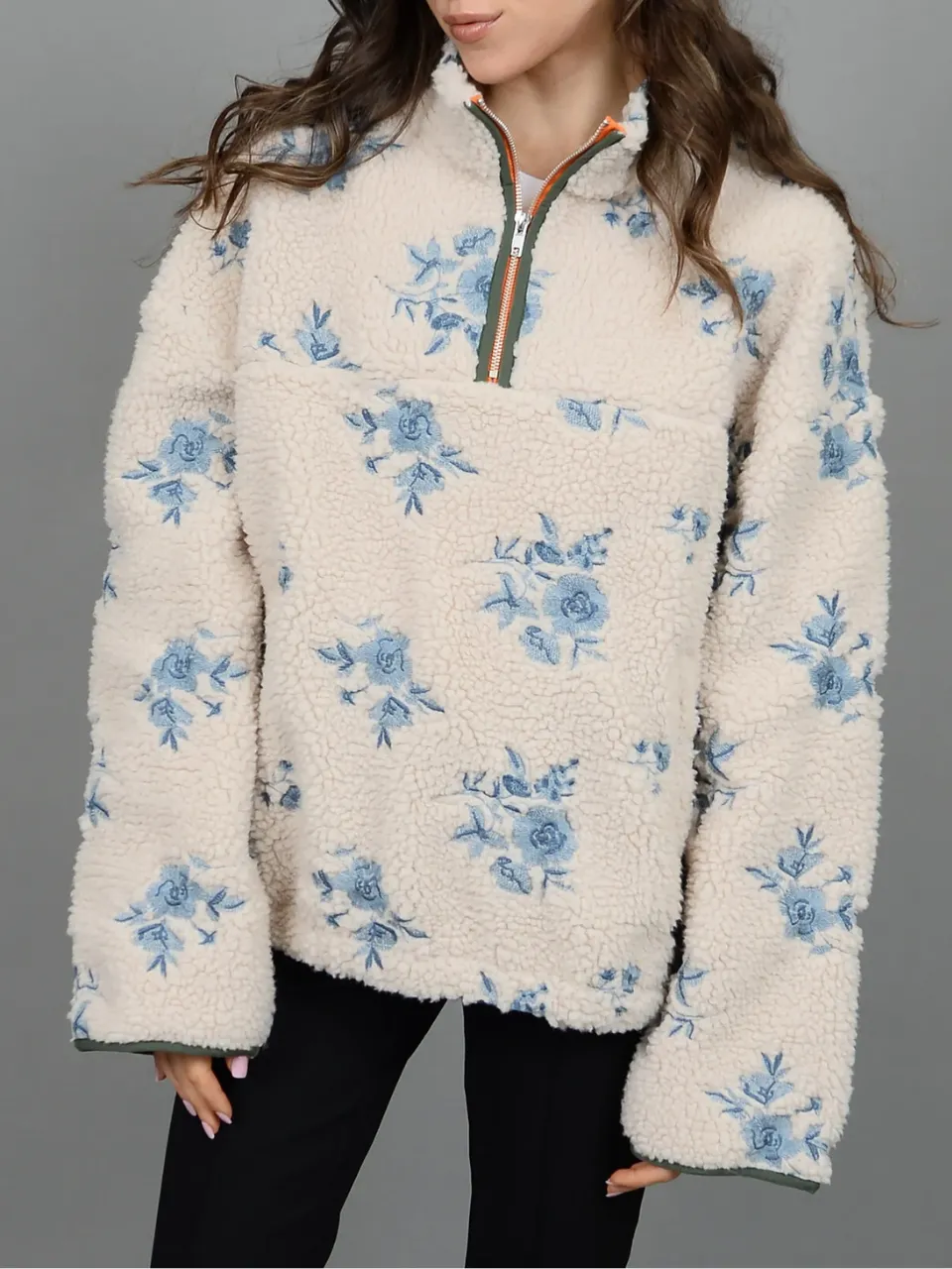 RD STYLE Half Zip Floral Sherpa Jacket sold by 27 Boutique