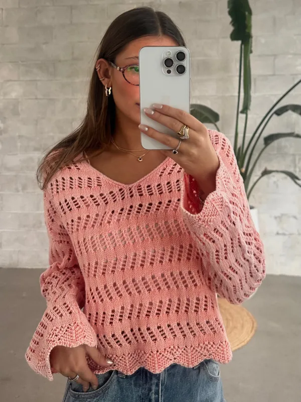 DEX Long Sleeve V-Neck Crochet Sweater sold by 27 Boutique