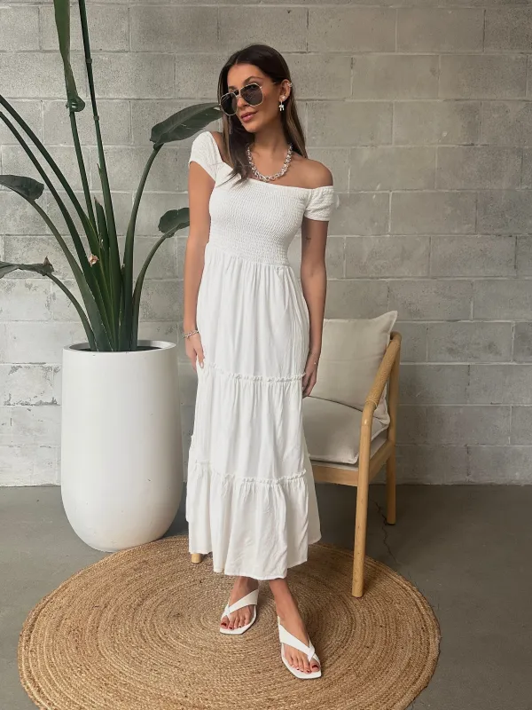 DEX Off Shoulder Smocked Tiered Maxi Dress sold by 27 Boutique