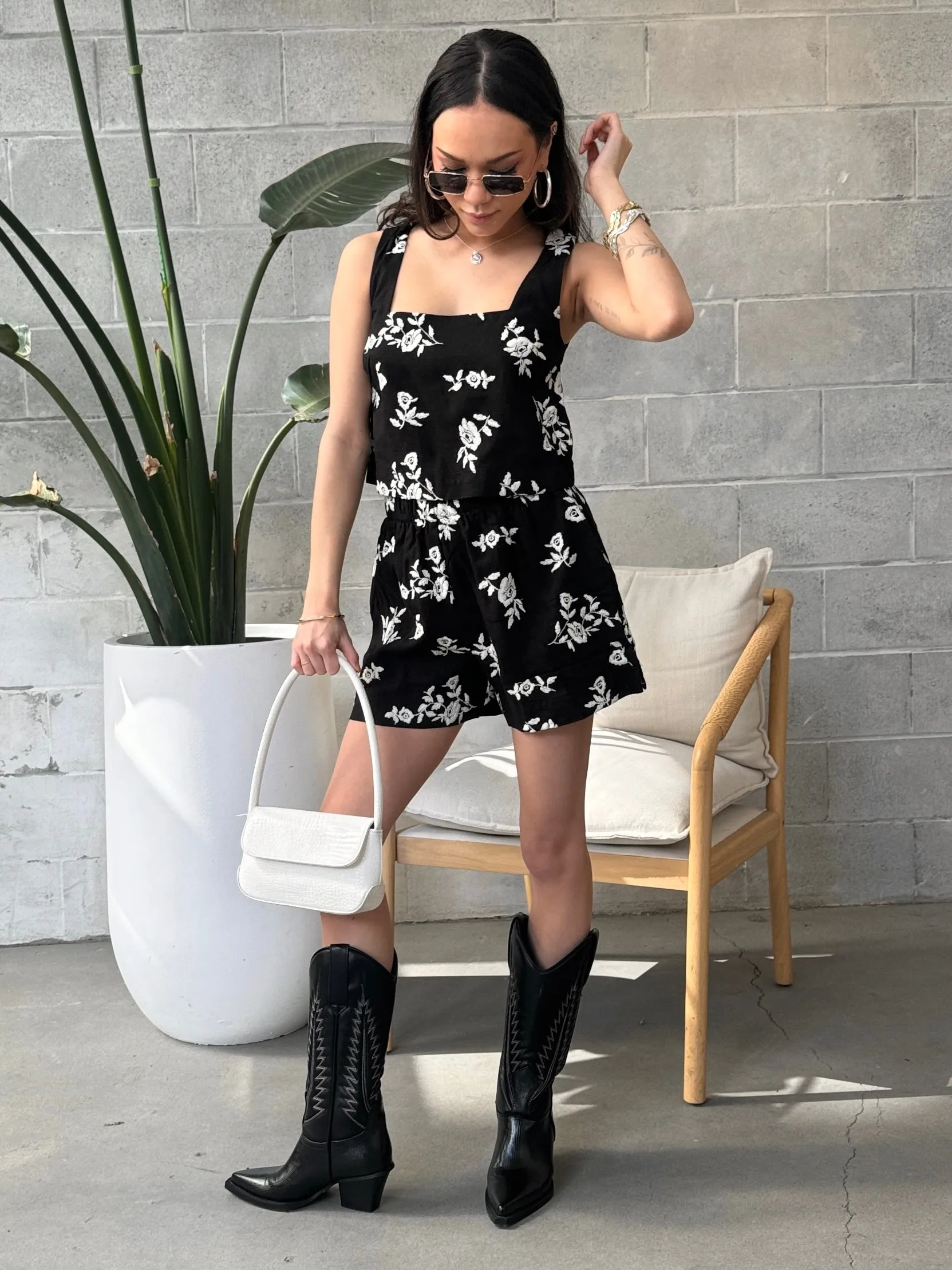 BLACK TAPE Embroidered Linen Square Neck Top and Short Set sold by 27 Boutique