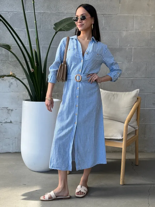 BLACK TAPE Striped Belted Midi Shirt Dress sold by 27 Boutique