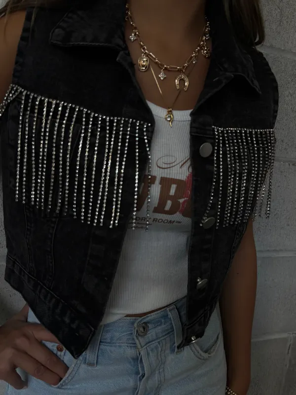 27 Cropped Rhinestone Fringe Denim Vest sold by 27 Boutique