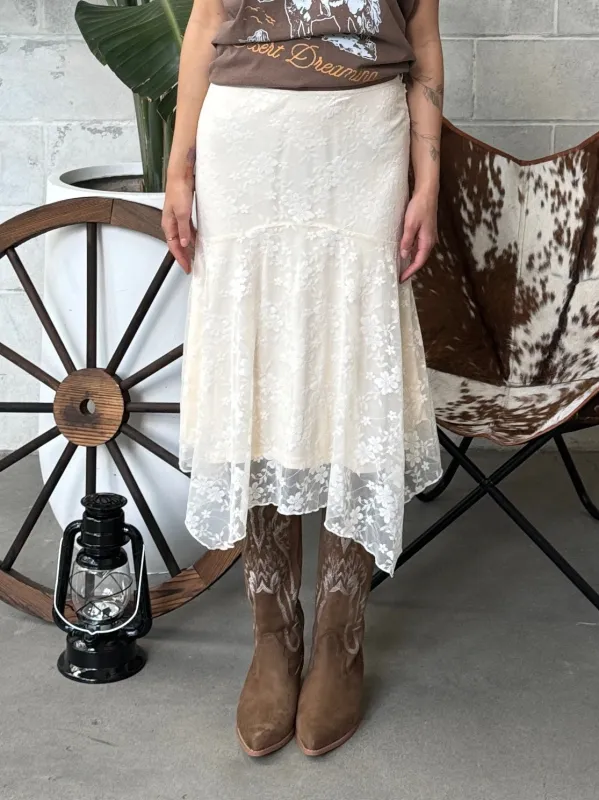 27 Lace Handkerchief Hem Midi Skirt sold by 27 Boutique