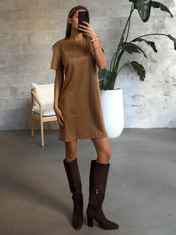 DEX Faux Suede T-Shirt Dress sold by 27 Boutique