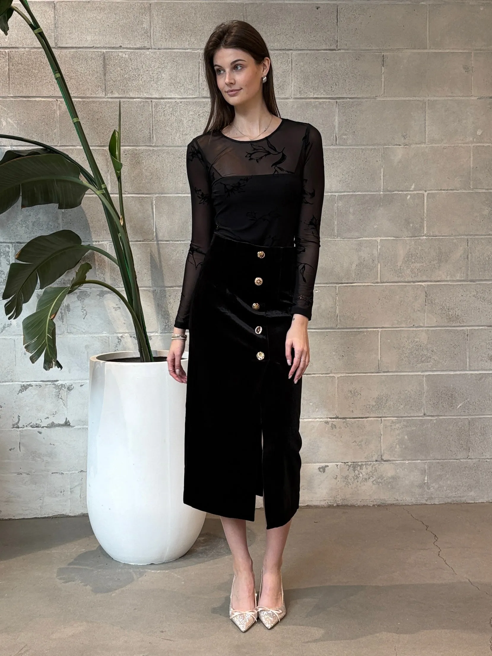 DEX Buttoned Velvet Midi Skirt sold by 27 Boutique