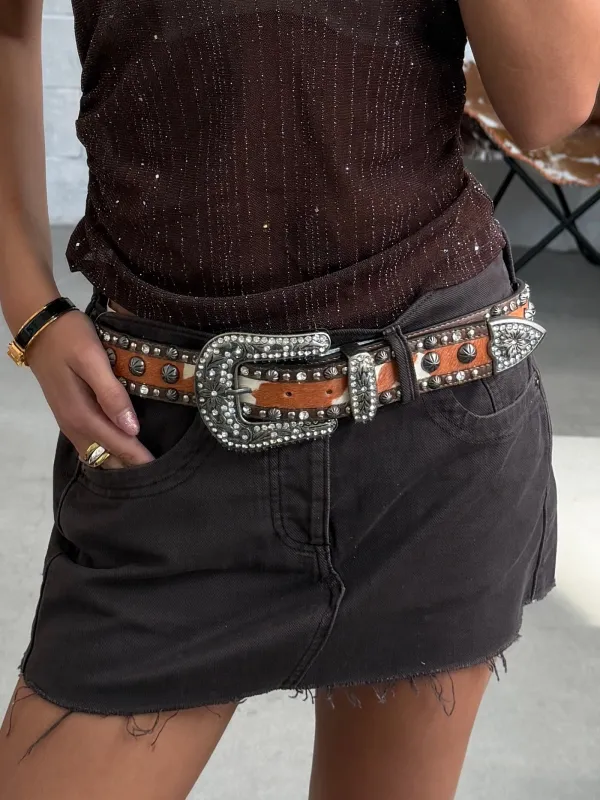 27 Rhinestone Studded Cow Print Western Belt made by 27 Boutique