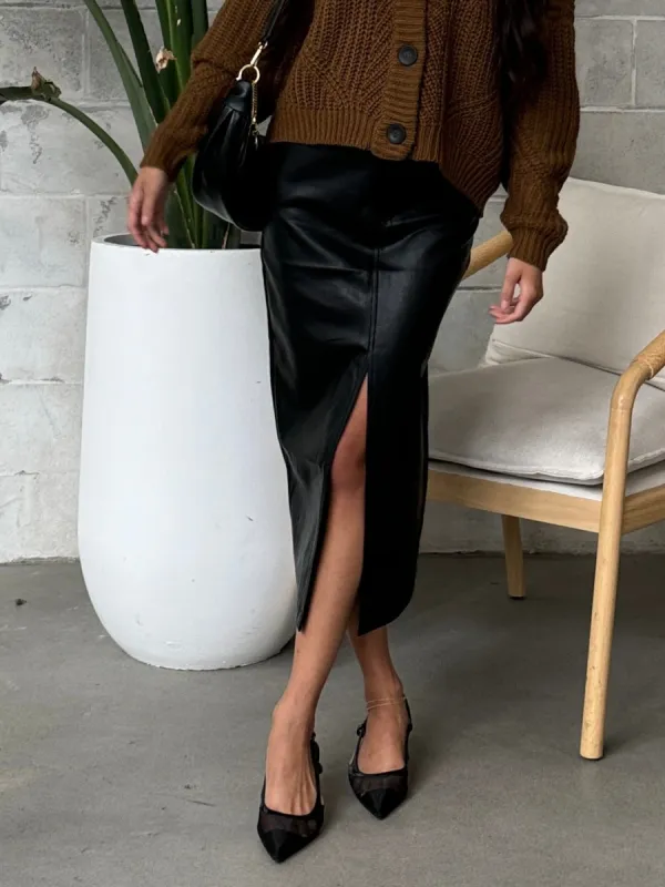 BLACK TAPE Faux Leather Midi Skirt sold by 27 Boutique