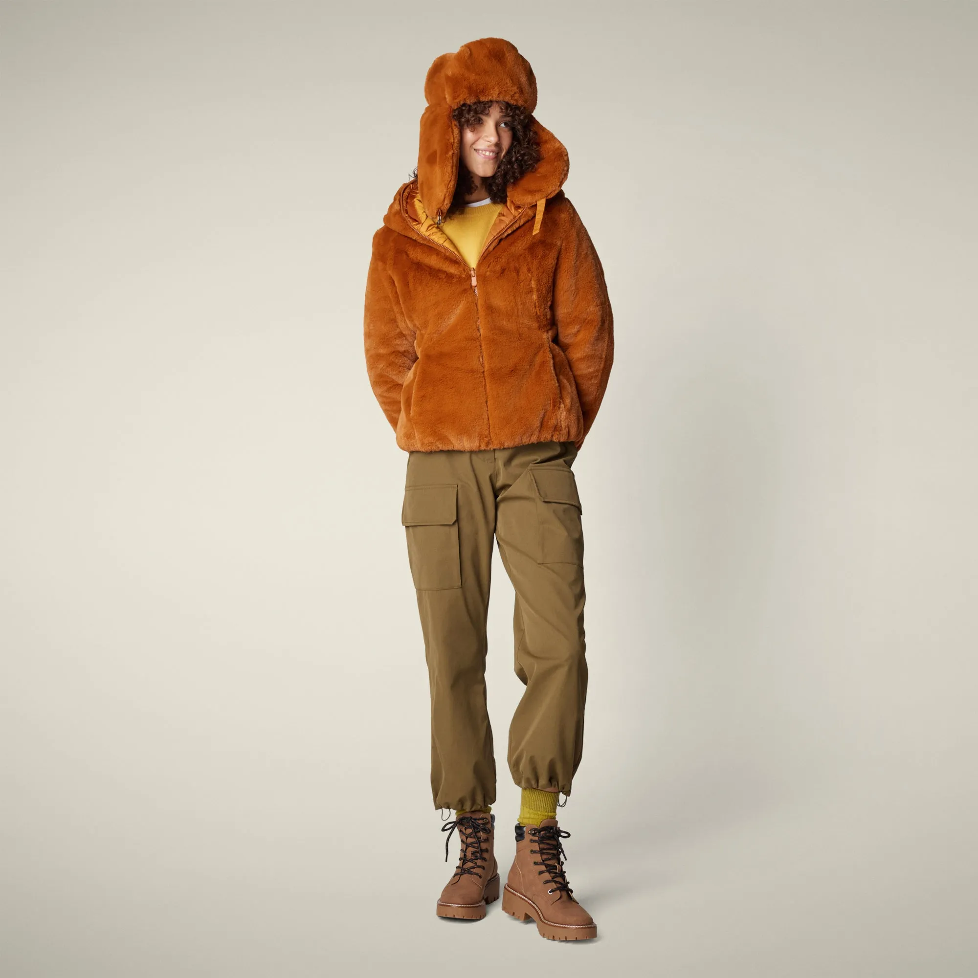 Women's Reversible Faux Fur Jacket Laila in Caramel Brown sold by Save The Duck