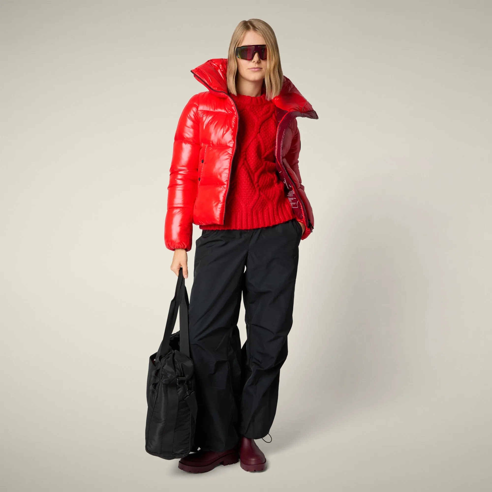Women's animal free puffer jacket Isla in fiery red sold by Save The Duck