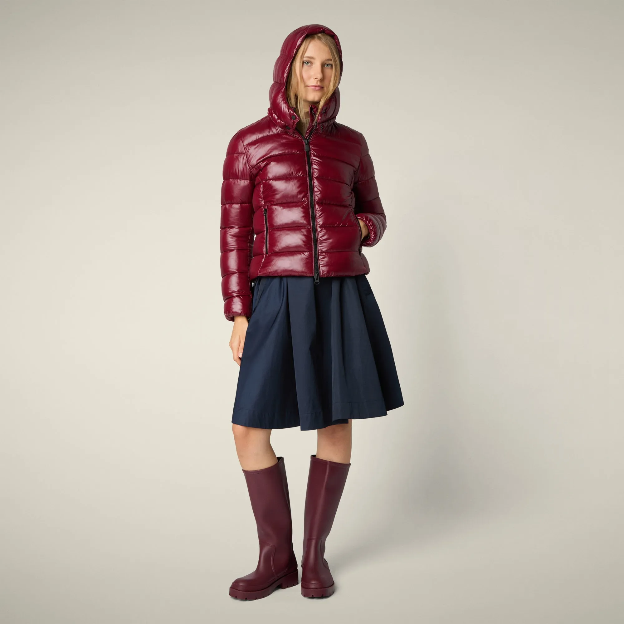 Women's Animal free puffer Jacket Cosmary in Wine Red sold by Save The Duck