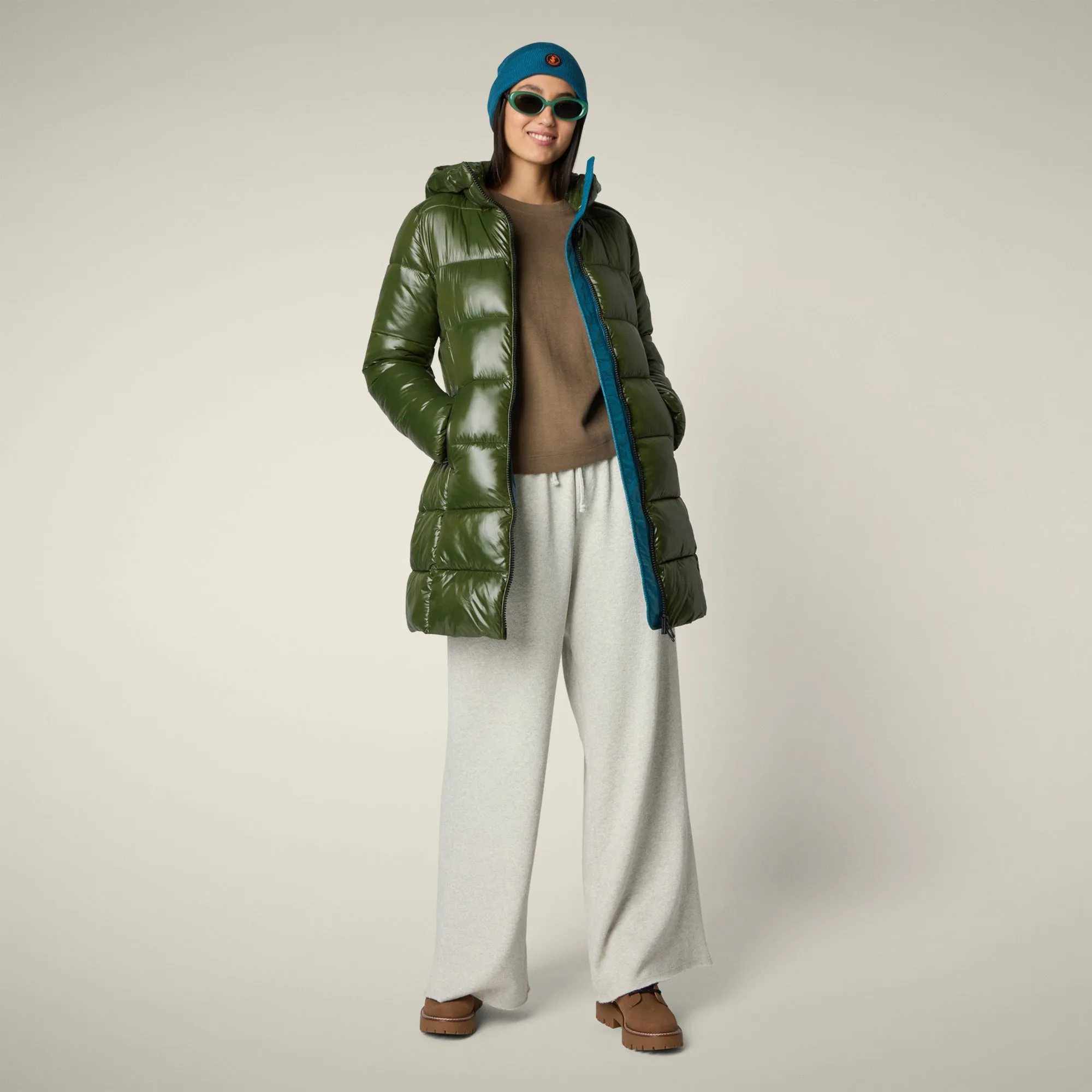 Women's Animal free puffer Coat ines in pine green sold by Save The Duck