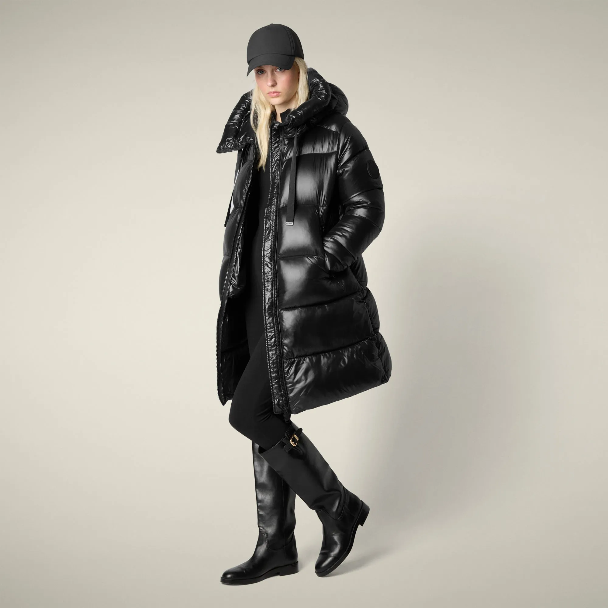 Women's Animal free puffer coat Isabel in black sold by Save The Duck