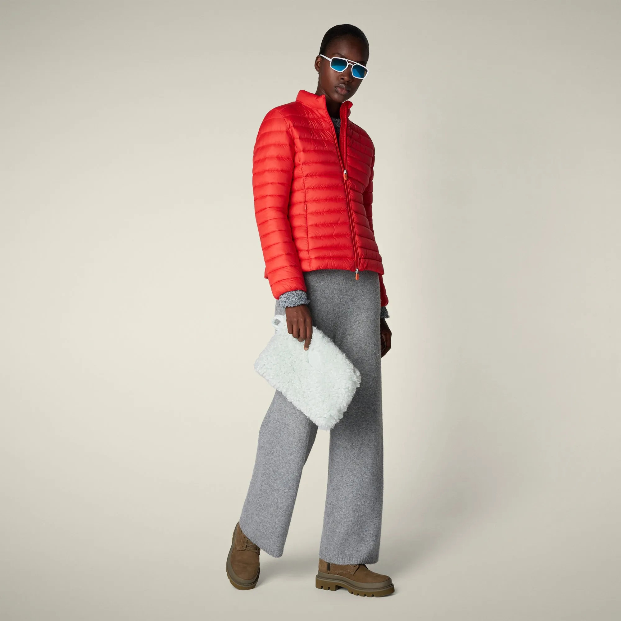 Women's animal free puffer jacket Carly in Fiery red sold by Save The Duck
