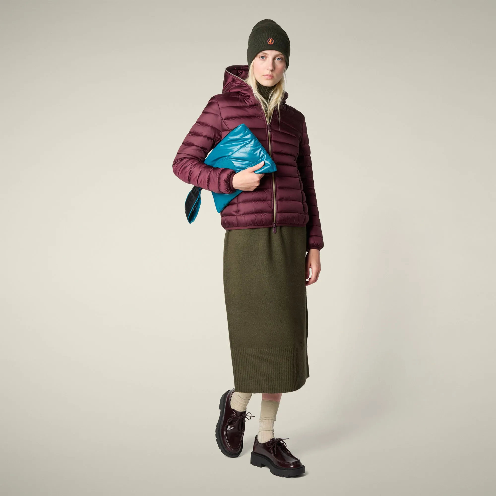 Women's animal free puffer jacket alexis in wine red sold by Save The Duck