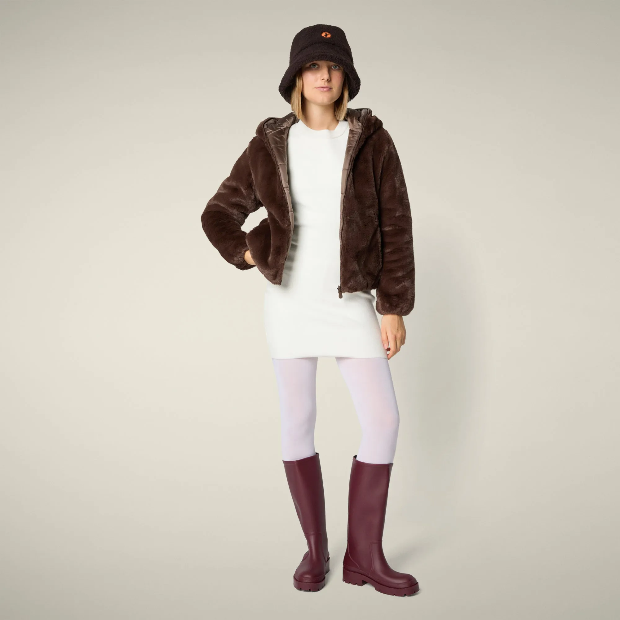 Women's Reversible Faux Fur Jacket Laila in Teddy Brown sold by Save The Duck