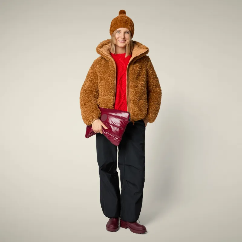 Women's Kennie Faux Fur Jacket in toffee brown made by Save The Duck