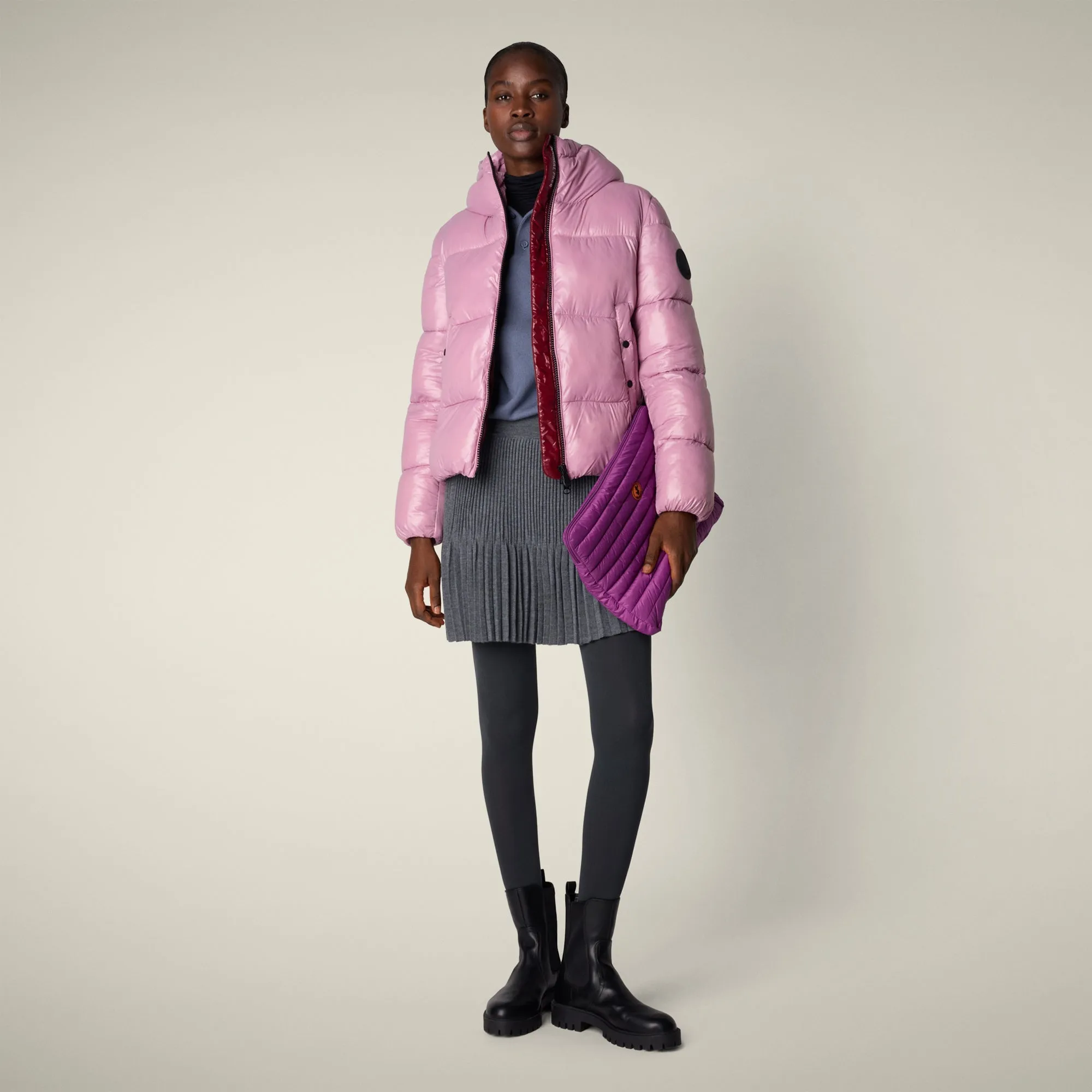 Women's animal free puffer jacket biddy in wild orchid sold by Save The Duck