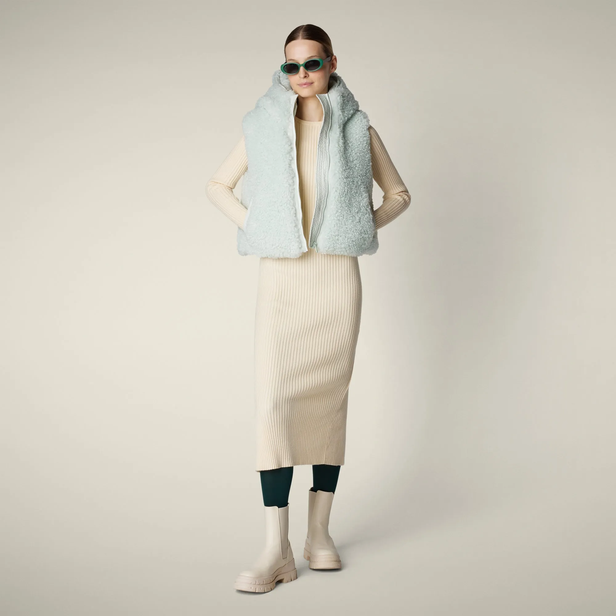 Women's faux fur Vest Ayla in Glacier Blue sold by Save The Duck