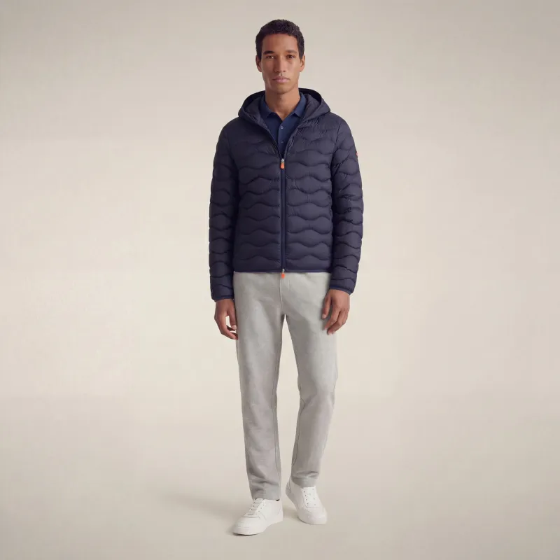 Men's hooded animal free puffer jacket reef in navy blue made by Save The Duck