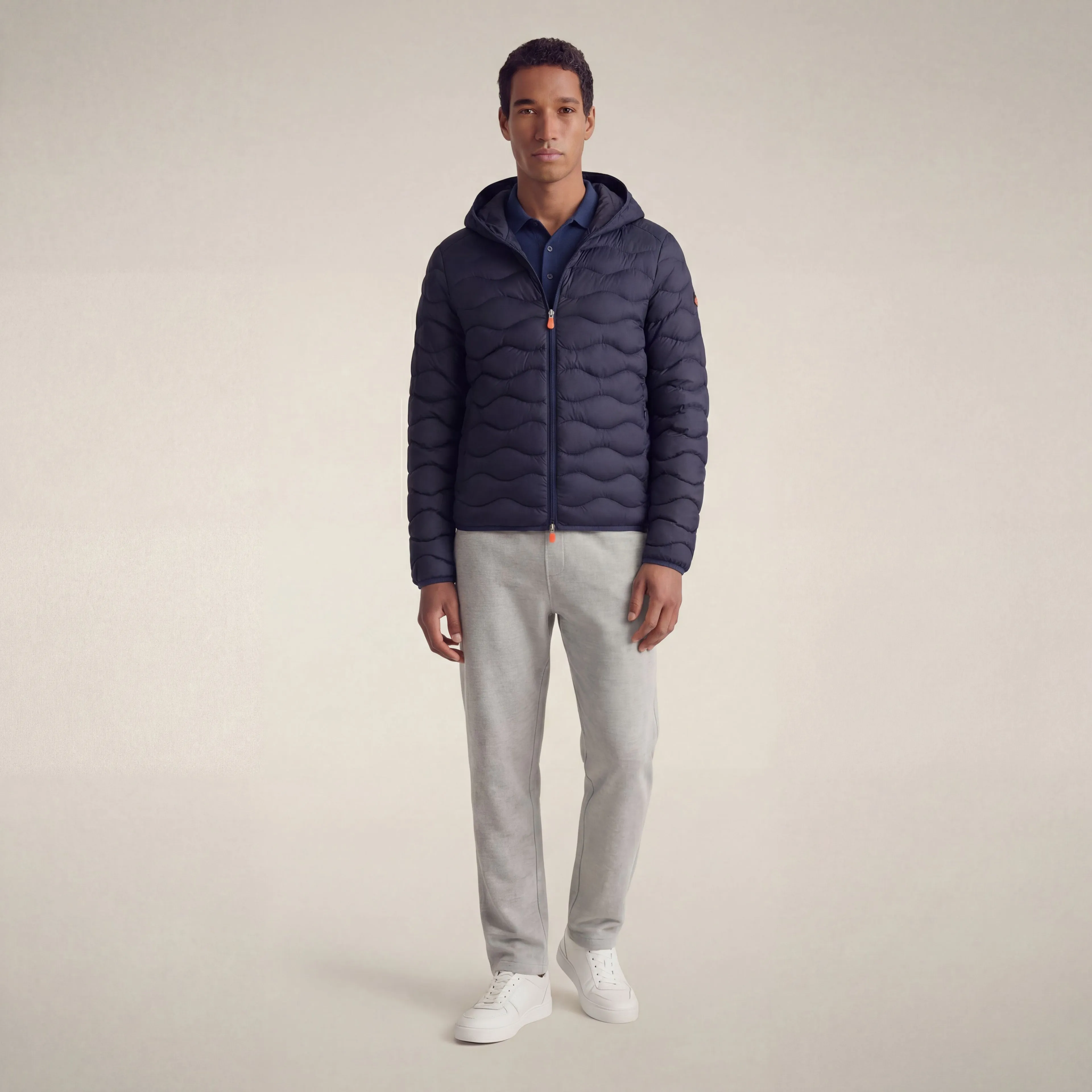 Men's hooded animal free puffer jacket reef in navy blue sold by Save The Duck