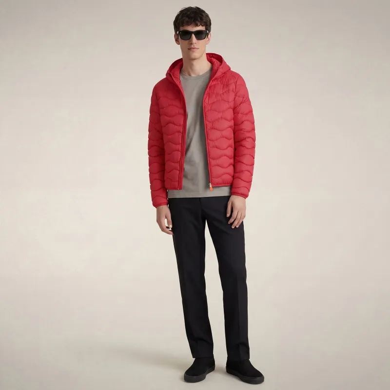 Men's hooded animal free puffer jacket reef in jack red made by Save The Duck