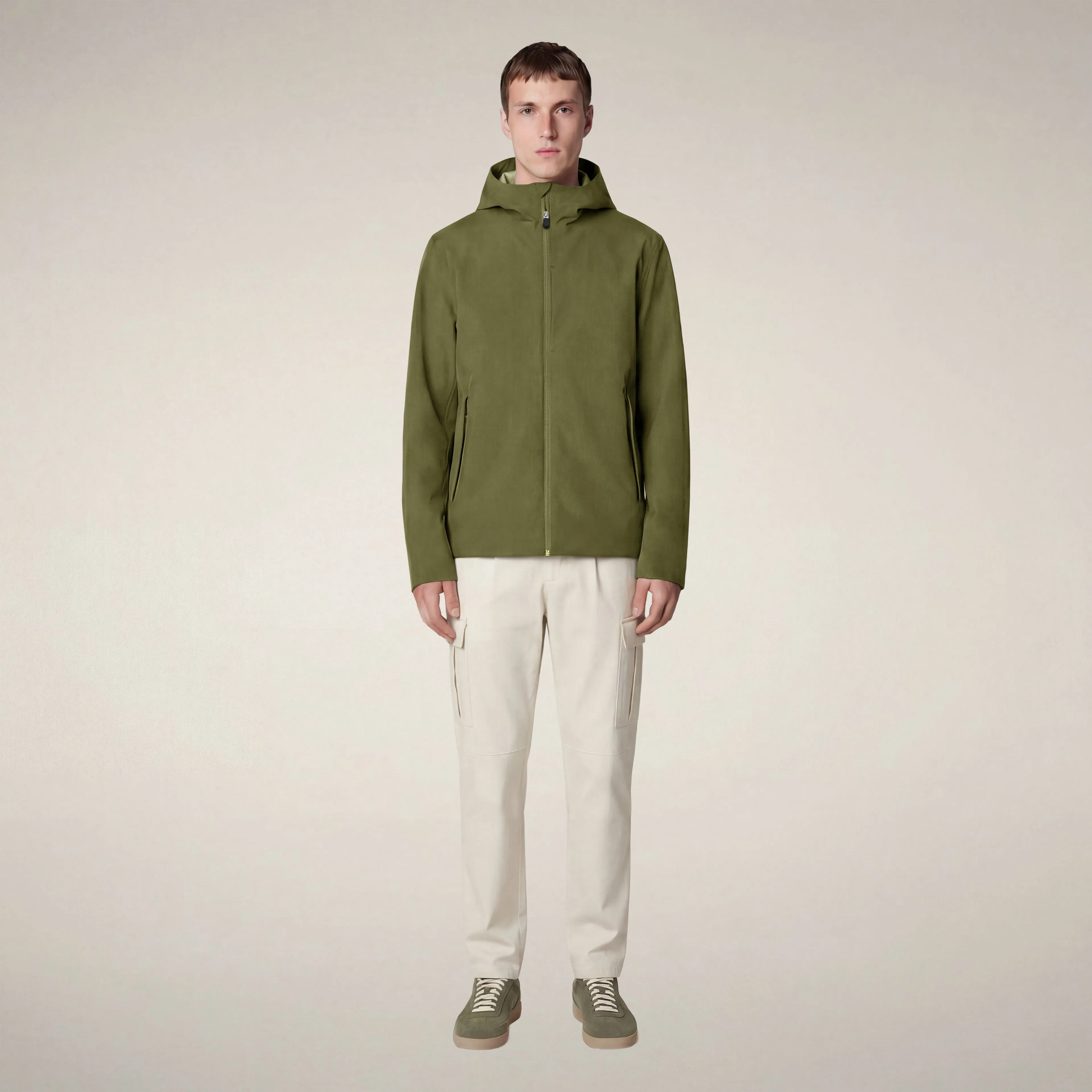 Men's hooded jacket jari in dusty olive sold by Save The Duck