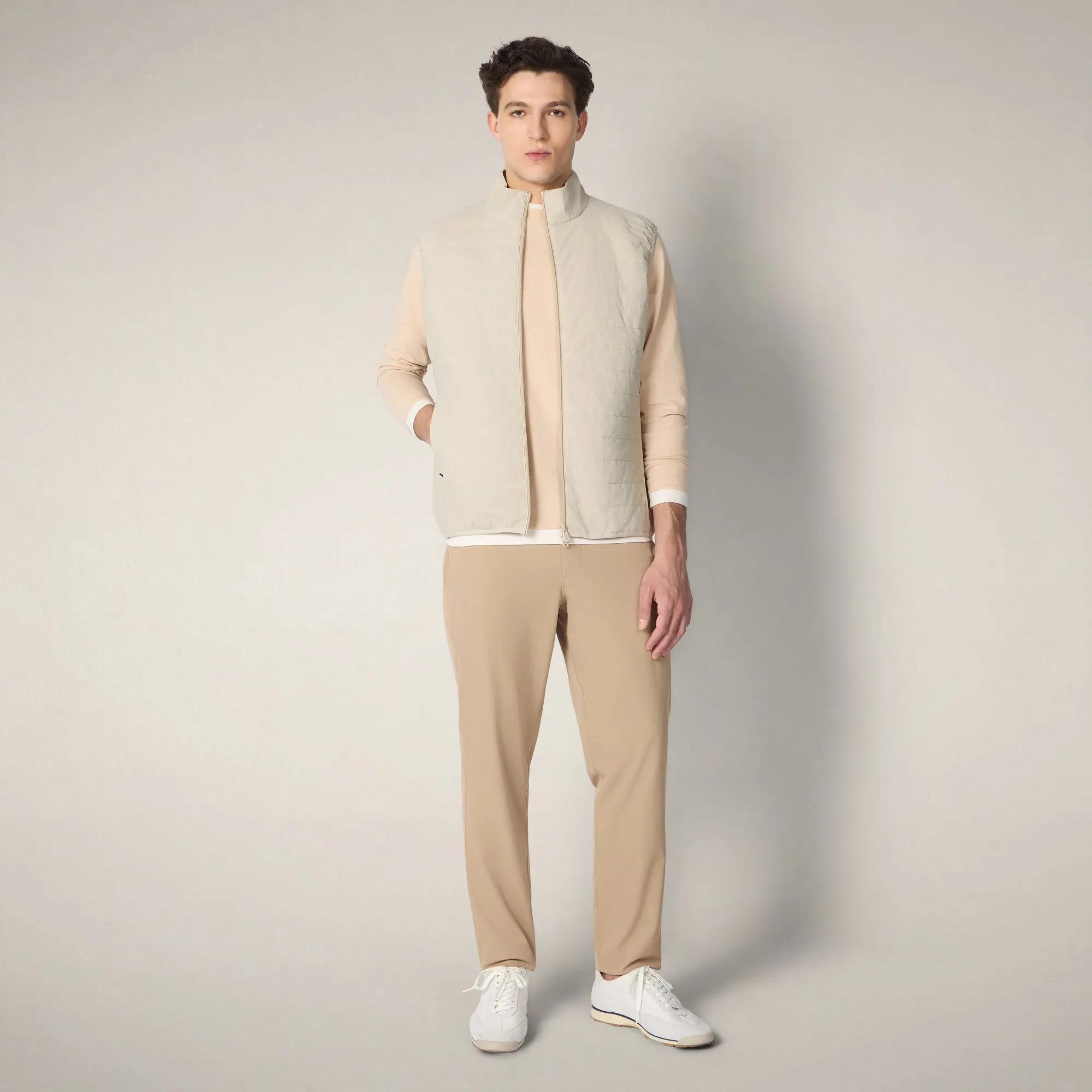 Men's puffer vest with quilted front in Rainy Beige FYI sold by Save The Duck