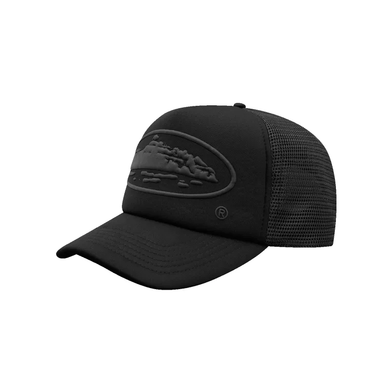 ALCATRAZ PUFF PRINT TRUCKER HAT [TRIPLE BLACK] sold by Corteiz