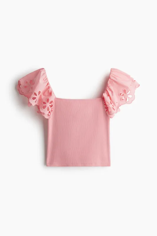 H & M - Broderie anglaise-detail ribbed top - Pink sold by H&M
