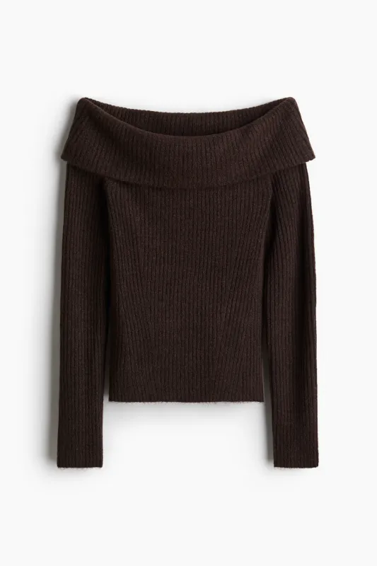 H & M - Rib-knit off-the-shoulder top - Brown sold by H&M