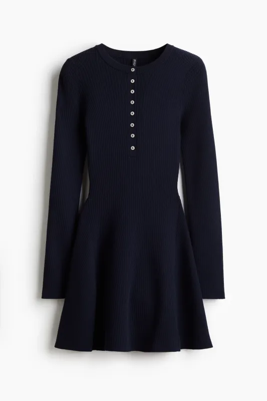 H & M - Rib-knit flared-skirt dress - Blue made by H&M