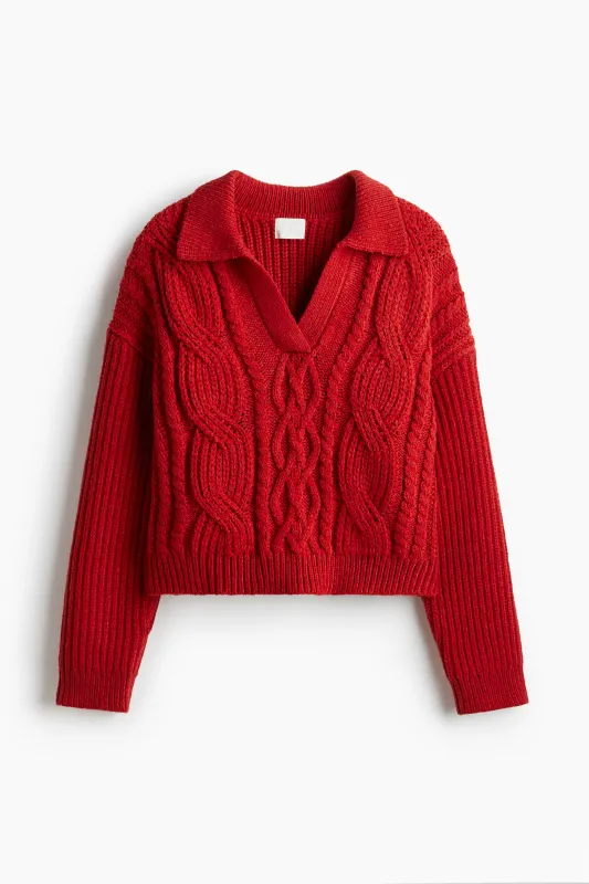 H & M - Cable-knit collared jumper - Red sold by H&M